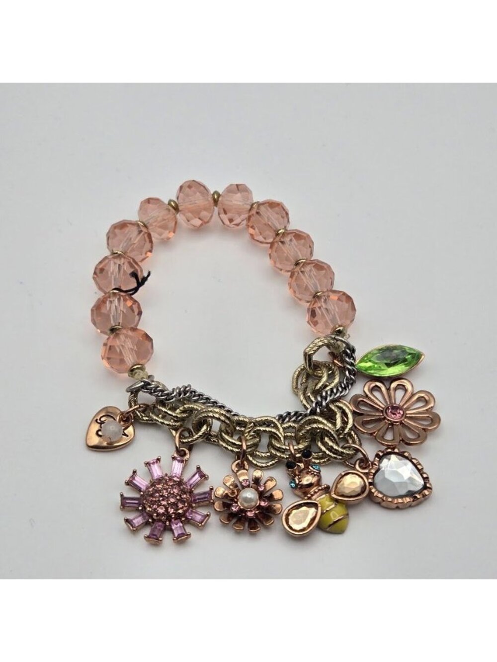 Betsey Johnson Pink Beaded Bracelet Gold Floral Bee Charms